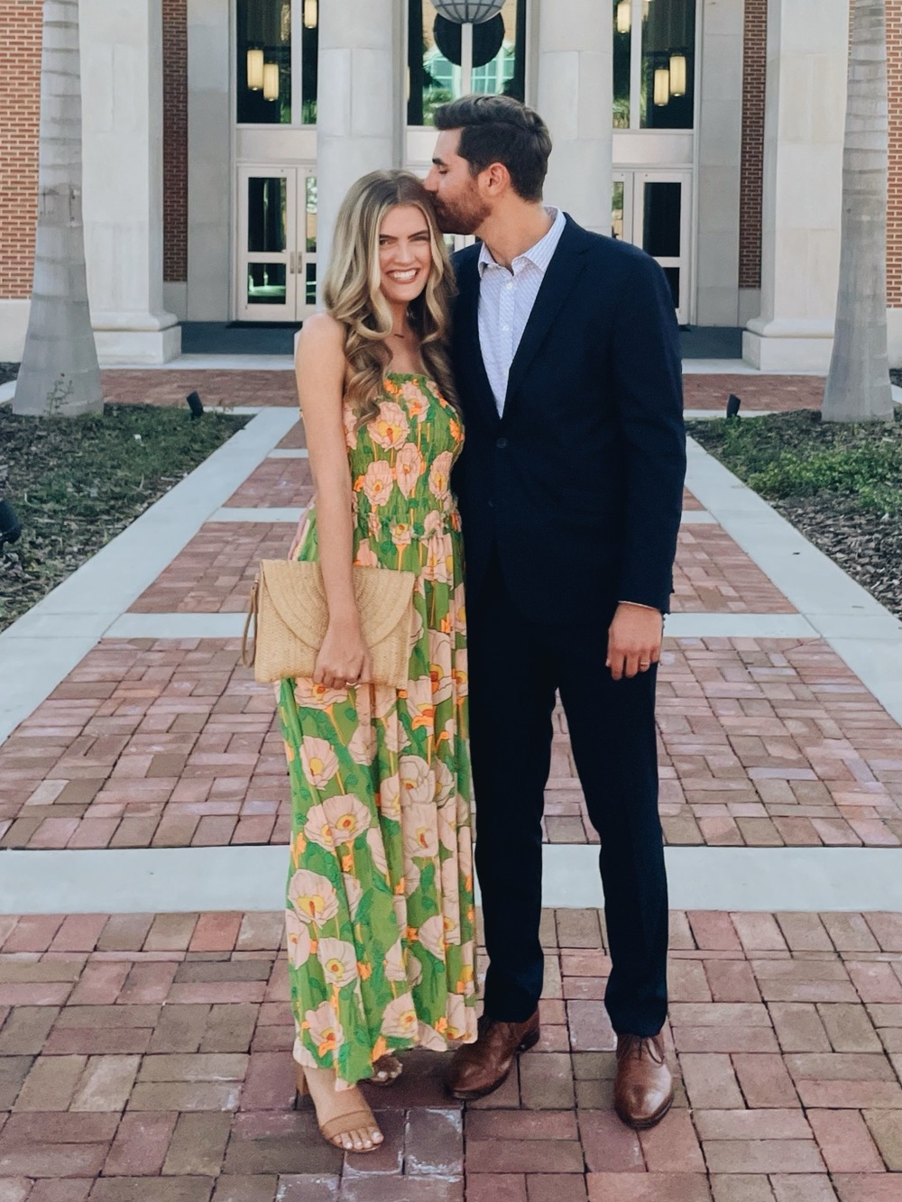 Free People Green Floral Smocked Jumpsuit with Pink & Yellow Blooms